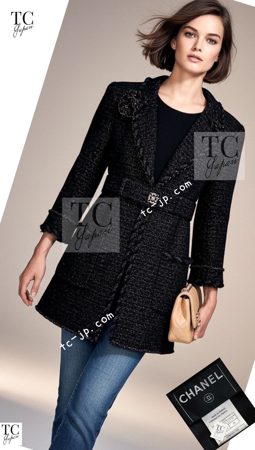 CHANEL 07PF Black Blue Metallic Wool Cashmere Tweed Jacket Coat 38 シャネル ブラック ブルー メタリック ウール カシミヤ ツイード ジャケット コート 即発