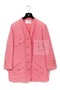 CHANEL 20PF Pink V-Neck Wool Tweed Jacket Coat CC Logo Button 50 シャネル ピンク ウール ツイード Vネック ジャケット コート CCロゴボタン 即発