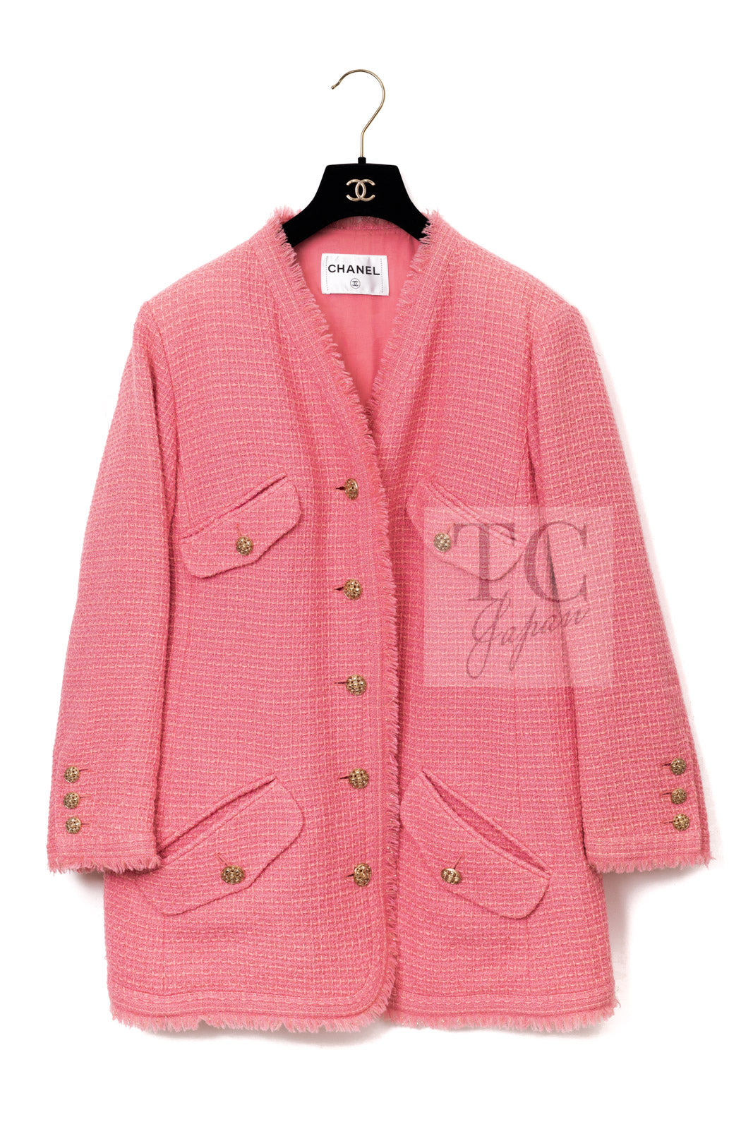 CHANEL 20PF Pink V-Neck Wool Tweed Jacket Coat CC Logo Button 50 シャネル ピンク ウール ツイード Vネック ジャケット コート CCロゴボタン 即発