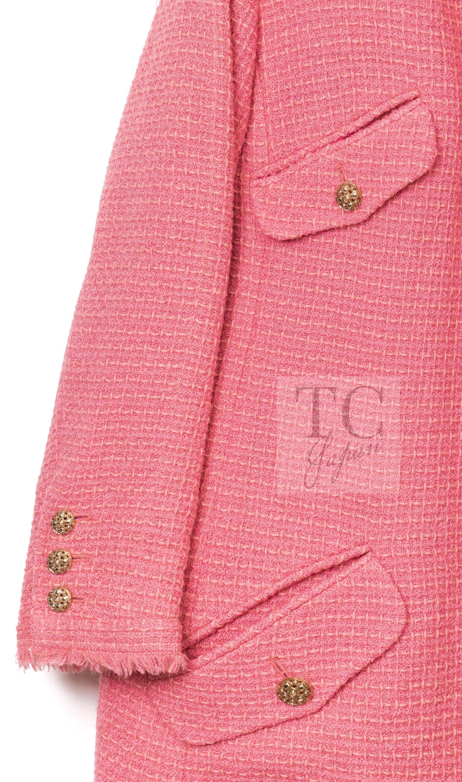 CHANEL 20PF Pink V-Neck Wool Tweed Jacket Coat CC Logo Button 50 シャネル ピンク ウール ツイード Vネック ジャケット コート CCロゴボタン 即発