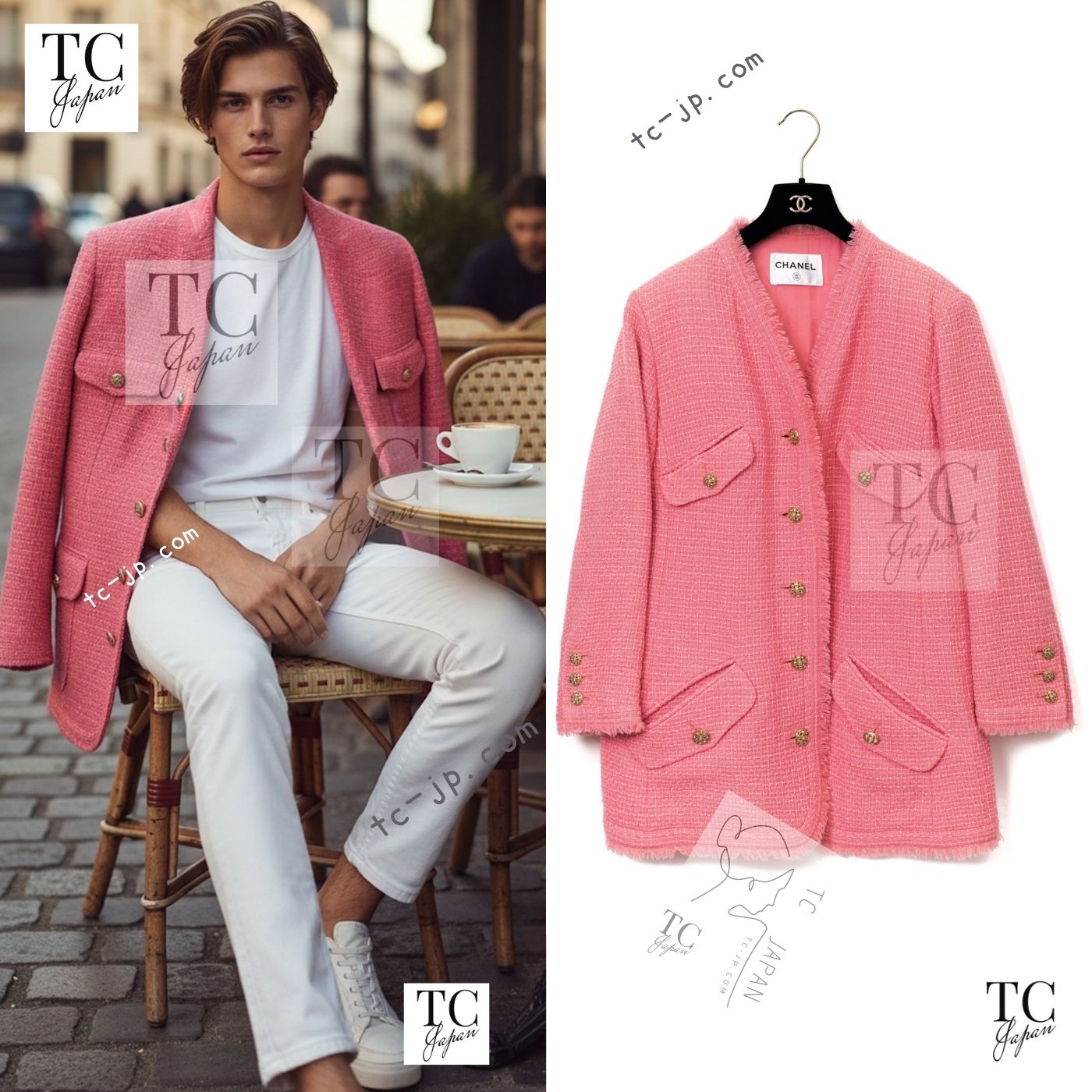 CHANEL Jacket Coat 20PF Pink V-Neck Wool Tweed CC Logo Button 50