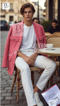 CHANEL 20PF Pink V-Neck Wool Tweed Jacket Coat CC Logo Button 50 シャネル ピンク ウール ツイード Vネック ジャケット コート CCロゴボタン 即発