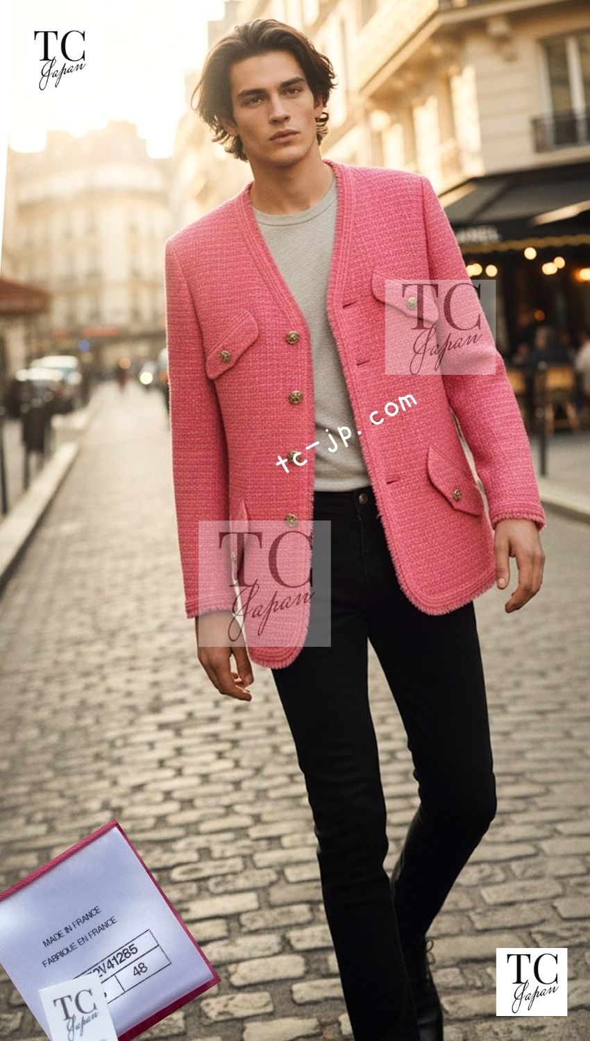 CHANEL 20PF Pink V-Neck Wool Tweed Jacket Coat CC Logo Button 50 シャネル ピンク ウール ツイード Vネック ジャケット コート CCロゴボタン 即発