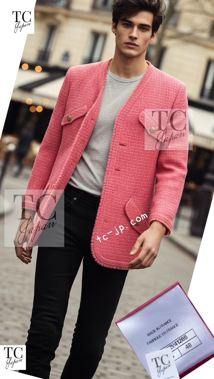 CHANEL 20PF Pink V-Neck Wool Tweed Jacket Coat CC Logo Button 50 シャネル ピンク ウール ツイード Vネック ジャケット コート CCロゴボタン 即発