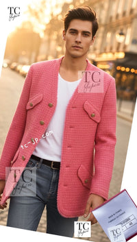 CHANEL 20PF Pink V-Neck Wool Tweed Jacket Coat CC Logo Button 50 シャネル ピンク ウール ツイード Vネック ジャケット コート CCロゴボタン 即発