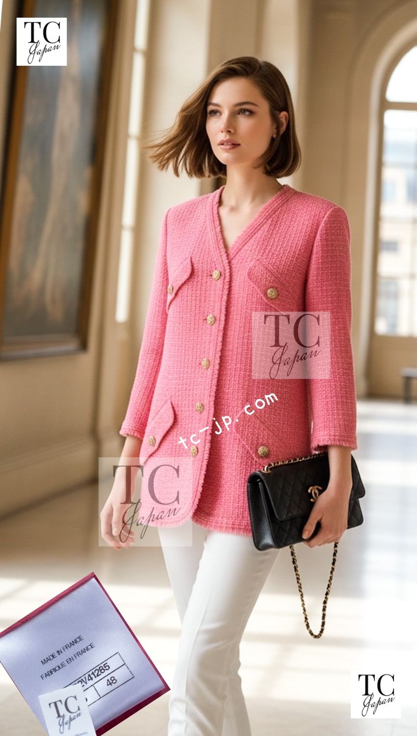 CHANEL 20PF Pink V-Neck Wool Tweed Jacket Coat CC Logo Button 50 シャネル ピンク ウール ツイード Vネック ジャケット コート CCロゴボタン 即発