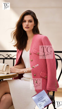 CHANEL 20PF Pink V-Neck Wool Tweed Jacket Coat CC Logo Button 50 シャネル ピンク ウール ツイード Vネック ジャケット コート CCロゴボタン 即発