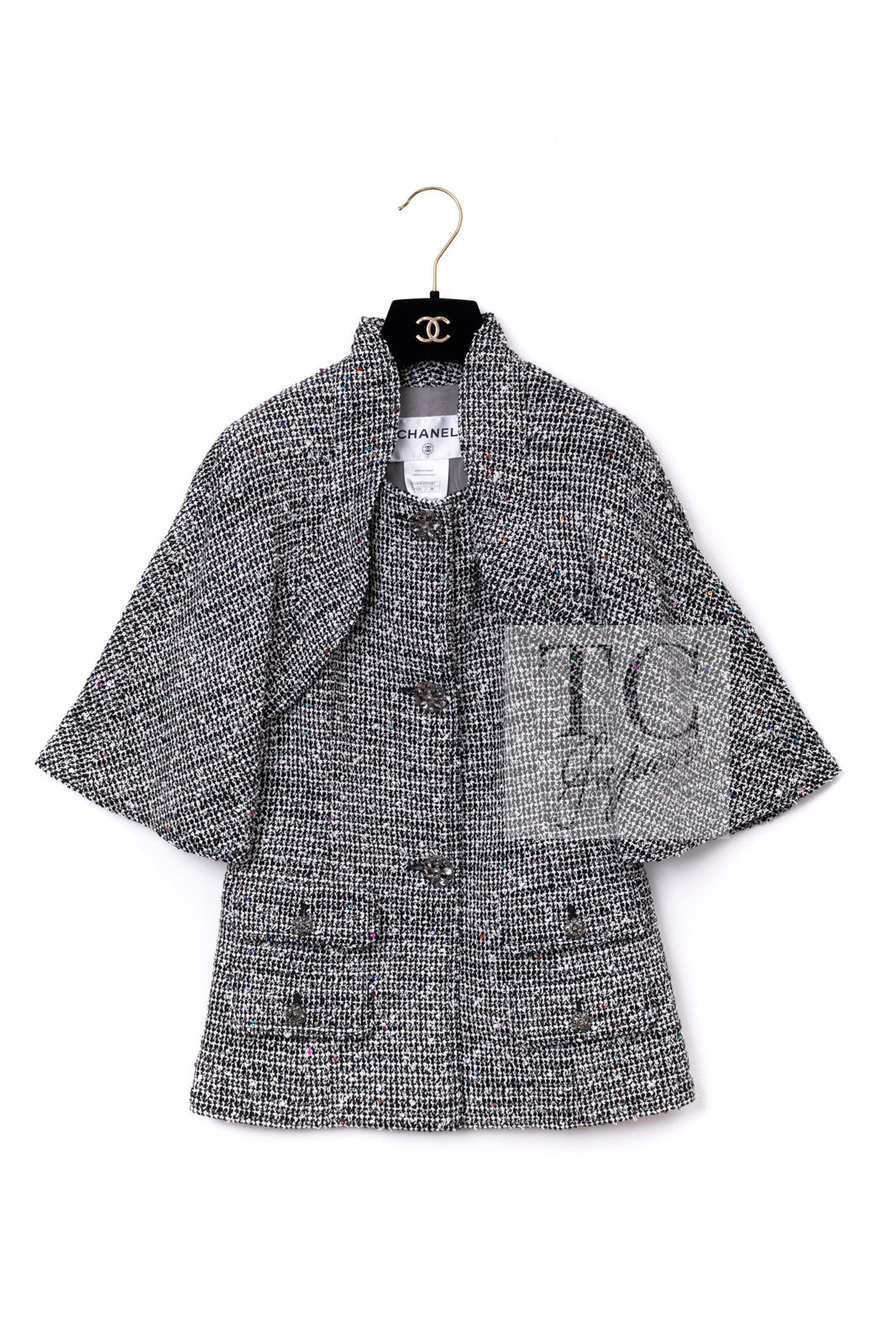 CHANEL 15C Black White Sequin Cotton Wool Tweed Jacket 36 シャネル ブラック ホワイト スパンコール コットン ウール ツイード ジャケット 即発