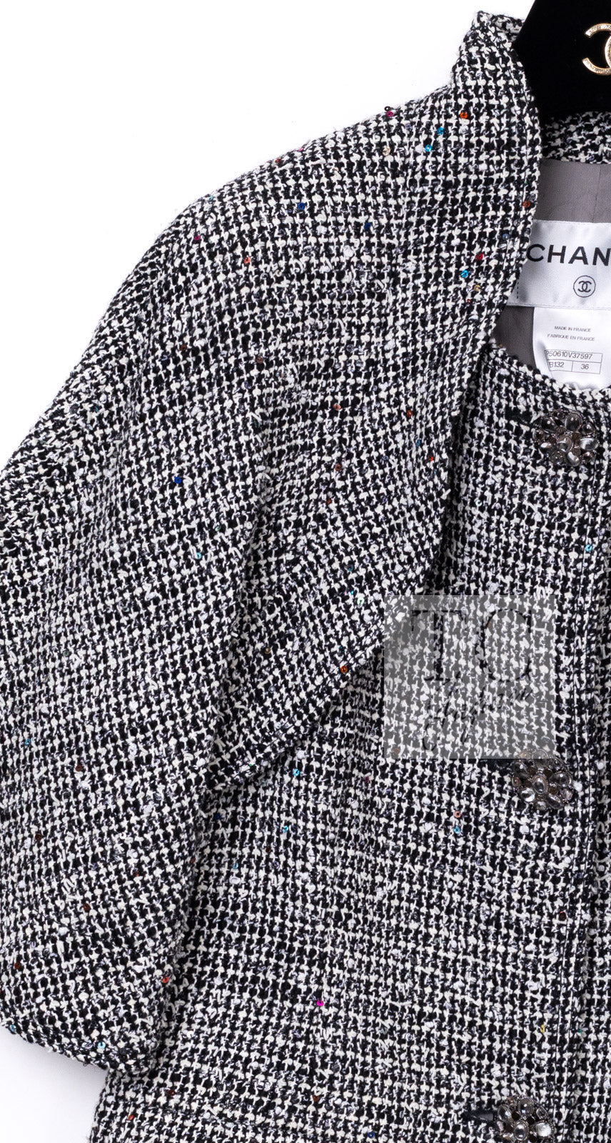 CHANEL 15C Black White Sequin Cotton Wool Tweed Jacket 36 シャネル ブラック ホワイト スパンコール コットン ウール ツイード ジャケット 即発