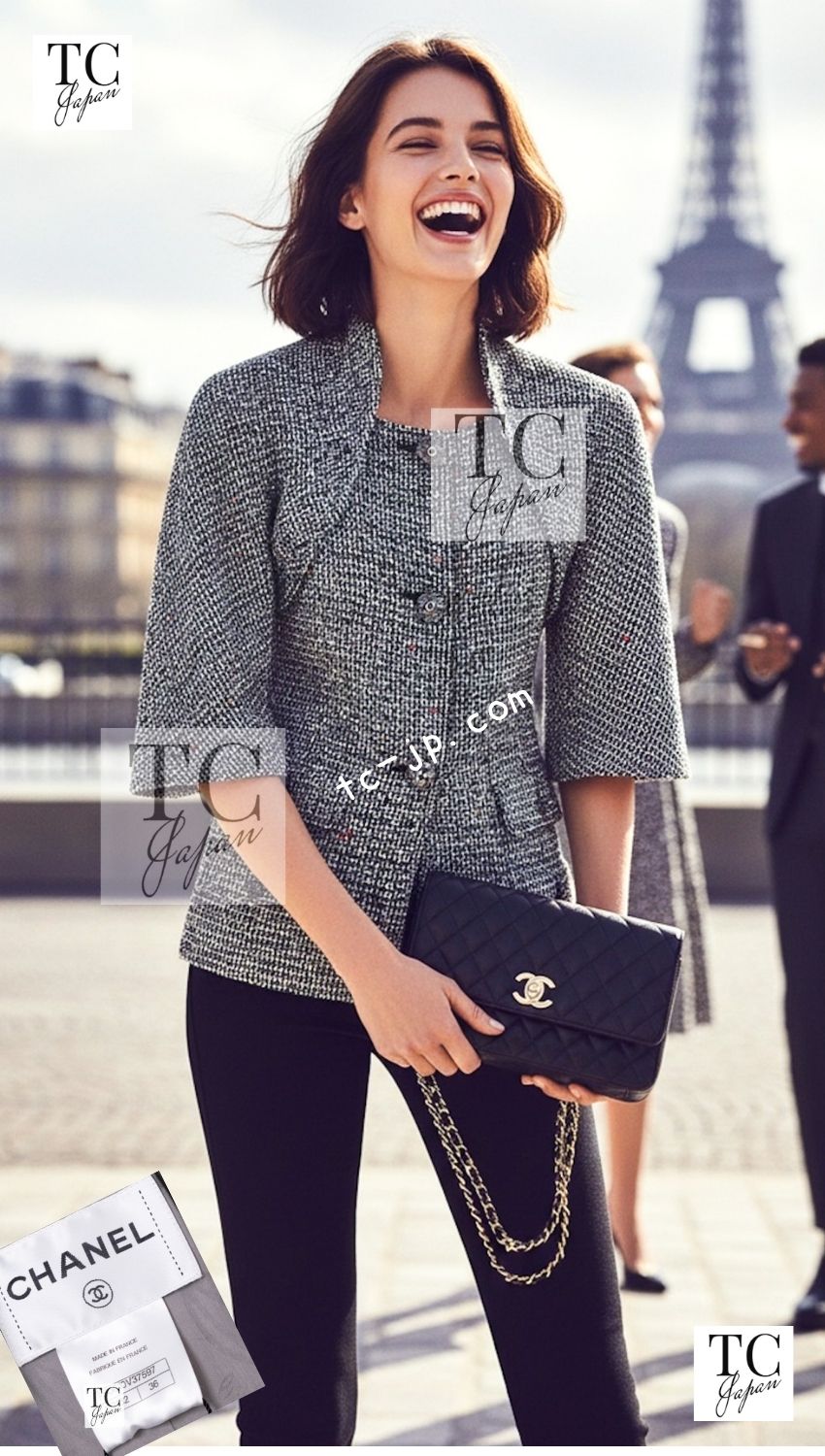 CHANEL 15C Black White Sequin Cotton Wool Tweed Jacket 36 シャネル ブラック ホワイト スパンコール コットン ウール ツイード ジャケット 即発