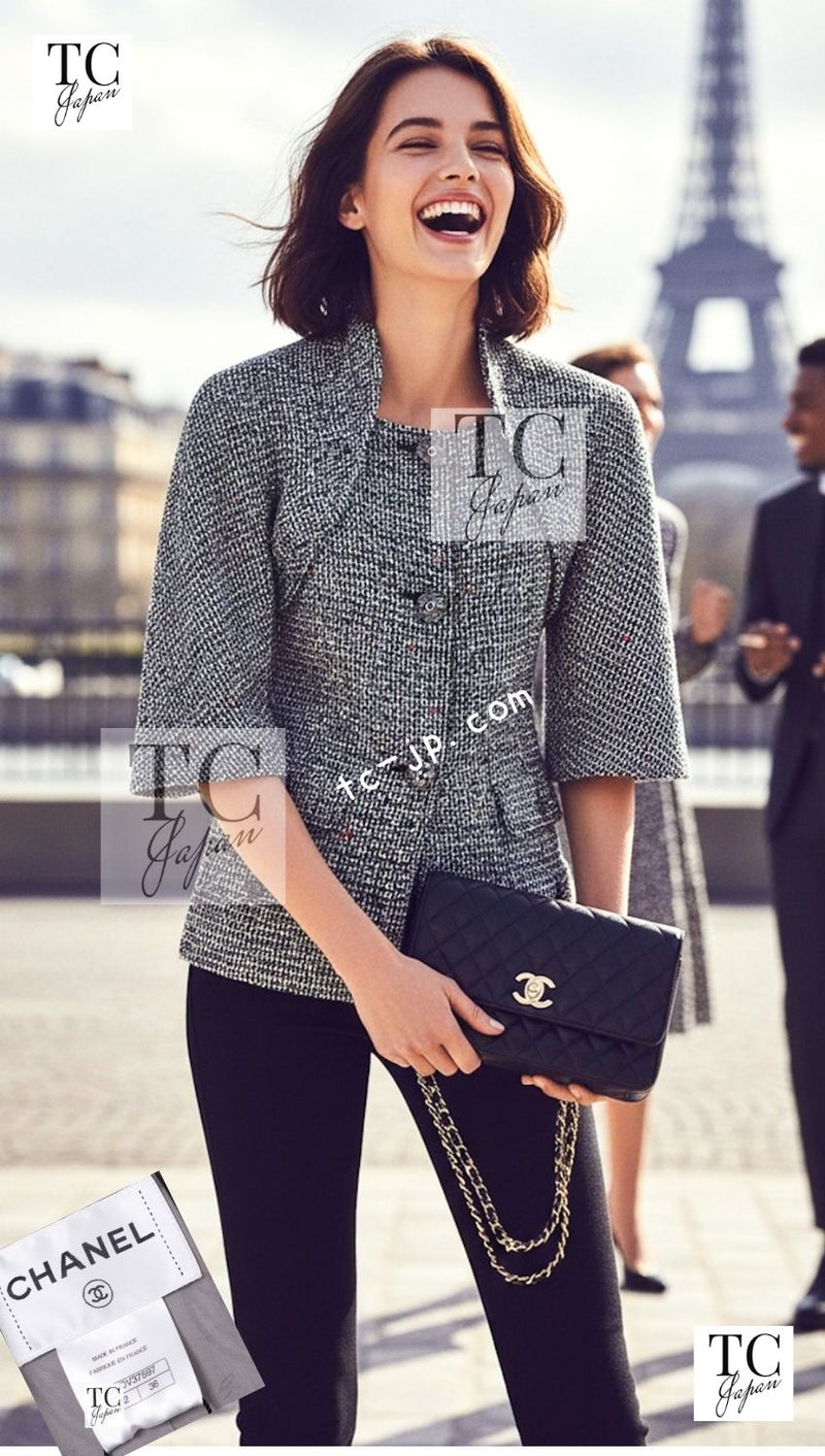 CHANEL 15C Black White Sequin Cotton Wool Tweed Jacket 36 シャネル ブラック ホワイト スパンコール コットン ウール ツイード ジャケット 即発