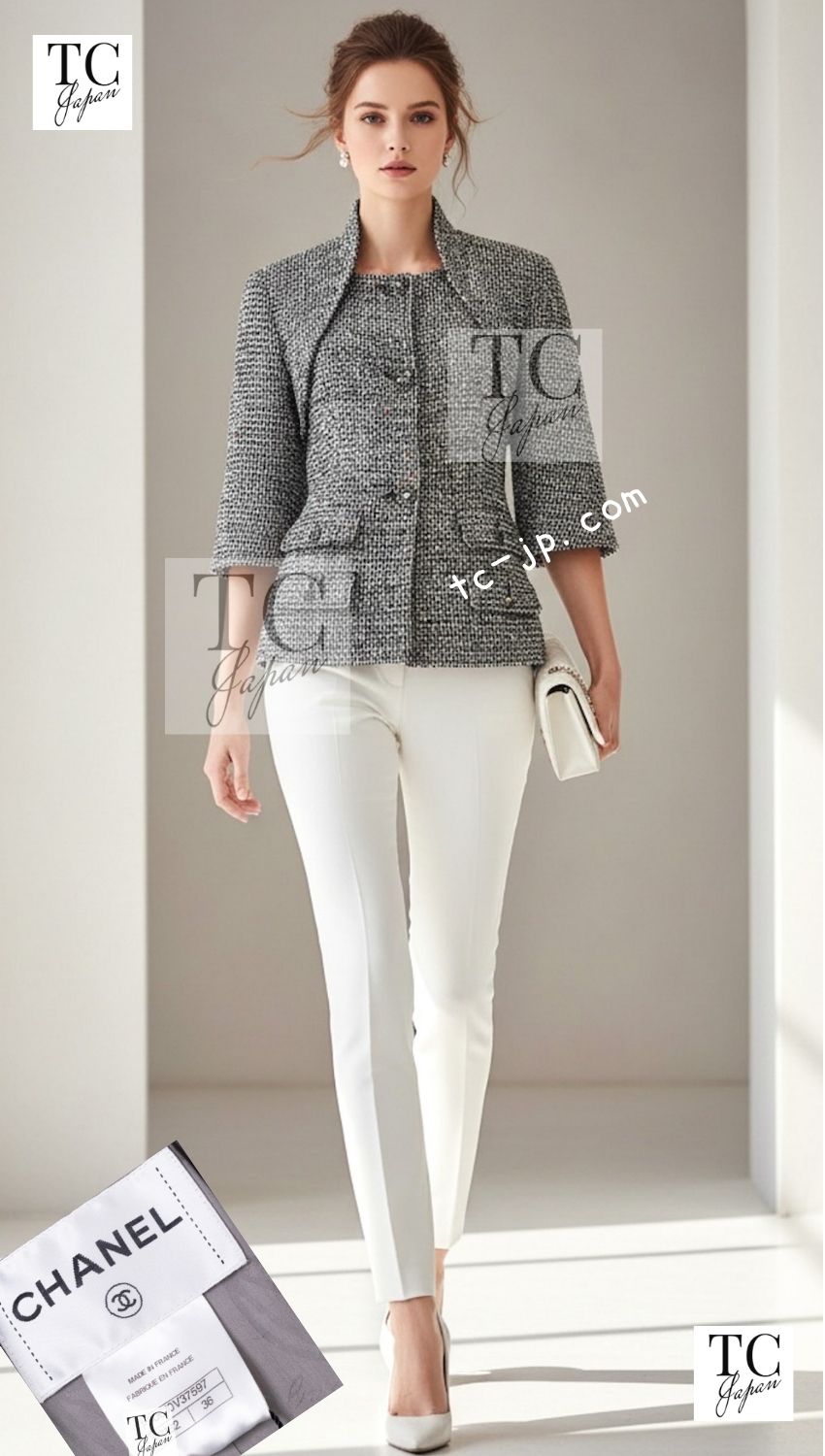 CHANEL 15C Black White Sequin Cotton Wool Tweed Jacket 36 シャネル ブラック ホワイト スパンコール コットン ウール ツイード ジャケット 即発