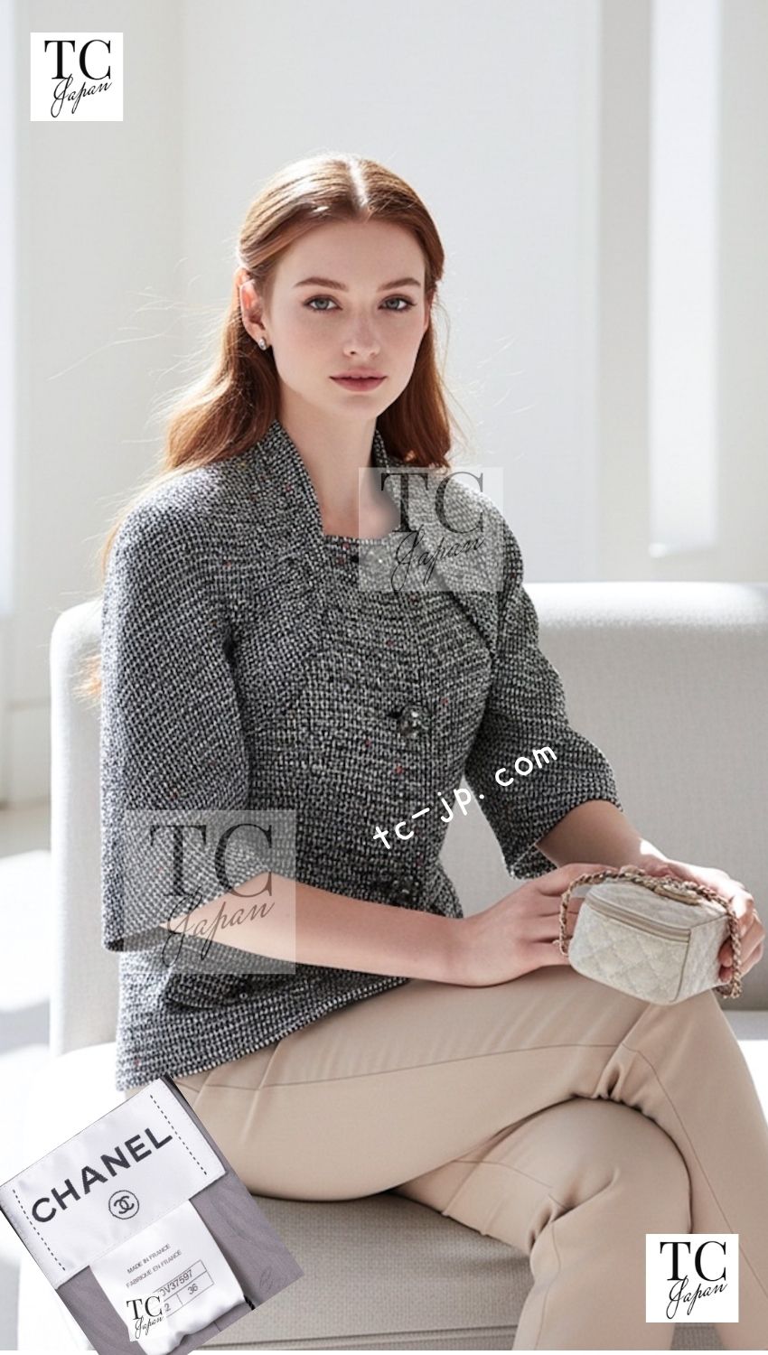 CHANEL 15C Black White Sequin Cotton Wool Tweed Jacket 36 シャネル ブラック ホワイト スパンコール コットン ウール ツイード ジャケット 即発