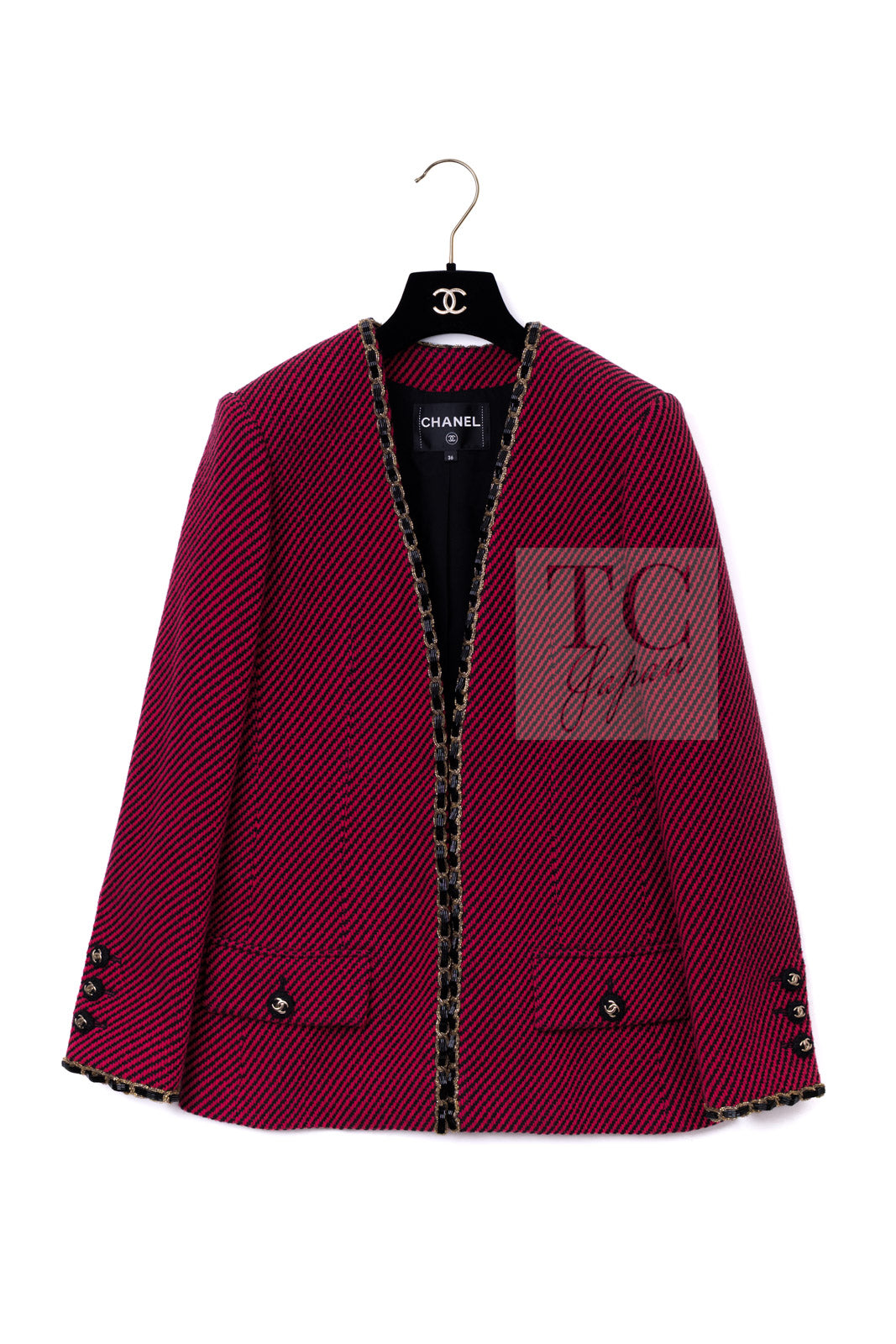 CHANEL 20PF Red Black Wool Cashmere V Neck Tweed Jacket 38 シャネル レッド ブラック ウール カシミヤ ツイード ジャケット 即発