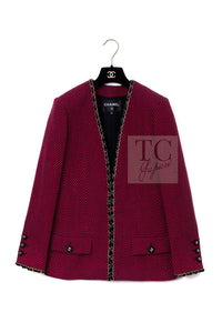 CHANEL 20PF Red Black Wool Cashmere V Neck Tweed Jacket 38 シャネル レッド ブラック ウール カシミヤ ツイード ジャケット 即発