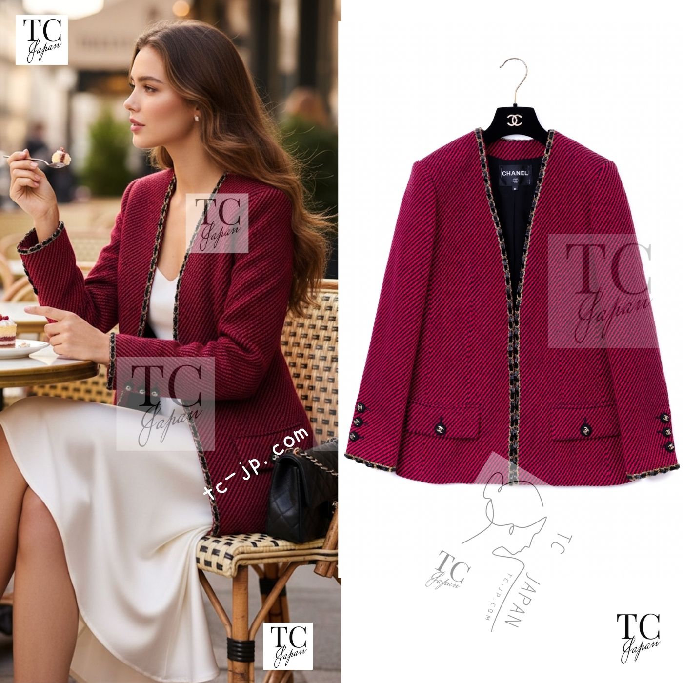 CHANEL 20PF Red Black Wool Cashmere V Neck Tweed Jacket 38 シャネル レッド ブラック ウール カシミヤ ツイード ジャケット 即発