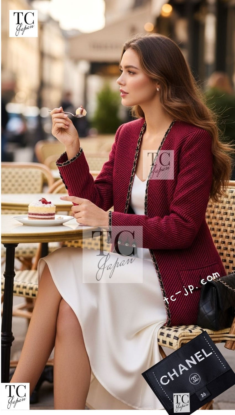 CHANEL 20PF Red Black Wool Cashmere V Neck Tweed Jacket 38 シャネル レッド ブラック ウール カシミヤ ツイード ジャケット 即発