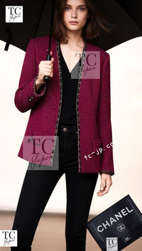 CHANEL 20PF Red Black Wool Cashmere V Neck Tweed Jacket 38 シャネル レッド ブラック ウール カシミヤ ツイード ジャケット 即発