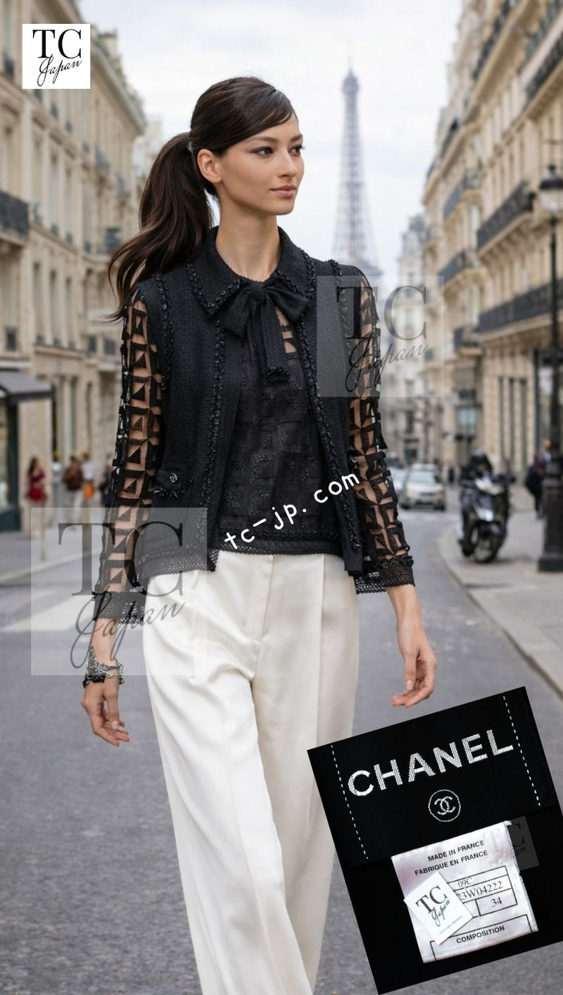 CHANEL 09C Black Jewel Embellished Mesh Lesage Tweed Cardigan Jacket Tops 34 36 シャネル ブラック ジュエリー ビーズ メッシュレース カーディガン ジャケット トップス 即発
