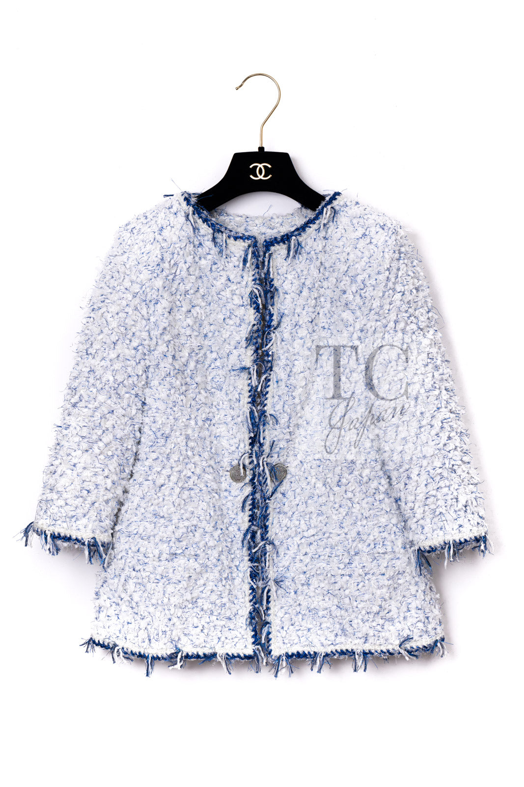 CHANEL 18S White Blue Meatalic Collarless Tweed Jacket 34 36 シャネル ホワイト ブルー ラメ ノーカラー ツイード ジャケット 即発