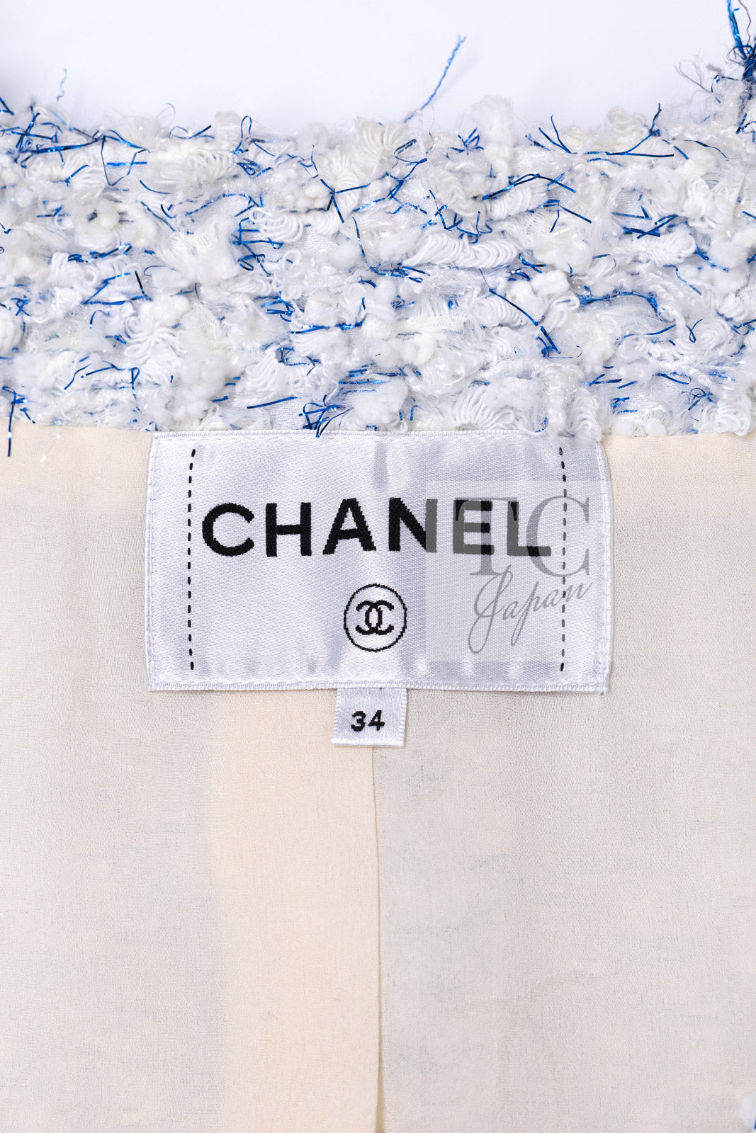 CHANEL 18S White Blue Meatalic Collarless Tweed Jacket 34 36 シャネル ホワイト ブルー ラメ ノーカラー ツイード ジャケット 即発