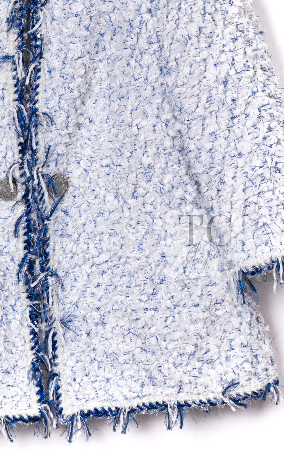 CHANEL 18S White Blue Meatalic Collarless Tweed Jacket 34 36 シャネル ホワイト ブルー ラメ ノーカラー ツイード ジャケット 即発
