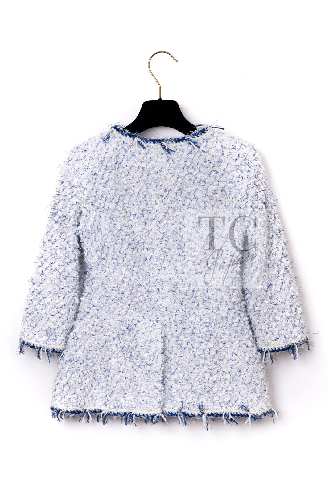 CHANEL 18S White Blue Meatalic Collarless Tweed Jacket 34 36 シャネル ホワイト ブルー ラメ ノーカラー ツイード ジャケット 即発