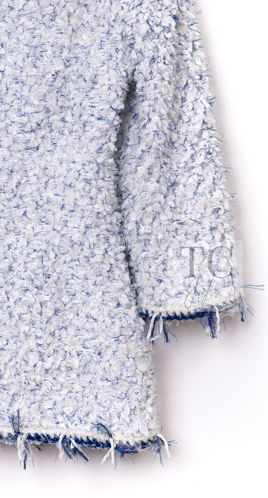 CHANEL 18S White Blue Meatalic Collarless Tweed Jacket 34 36 シャネル ホワイト ブルー ラメ ノーカラー ツイード ジャケット 即発