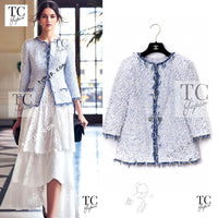 CHANEL 18S White Blue Meatalic Collarless Tweed Jacket 34 36 シャネル ホワイト ブルー ラメ ノーカラー ツイード ジャケット 即発