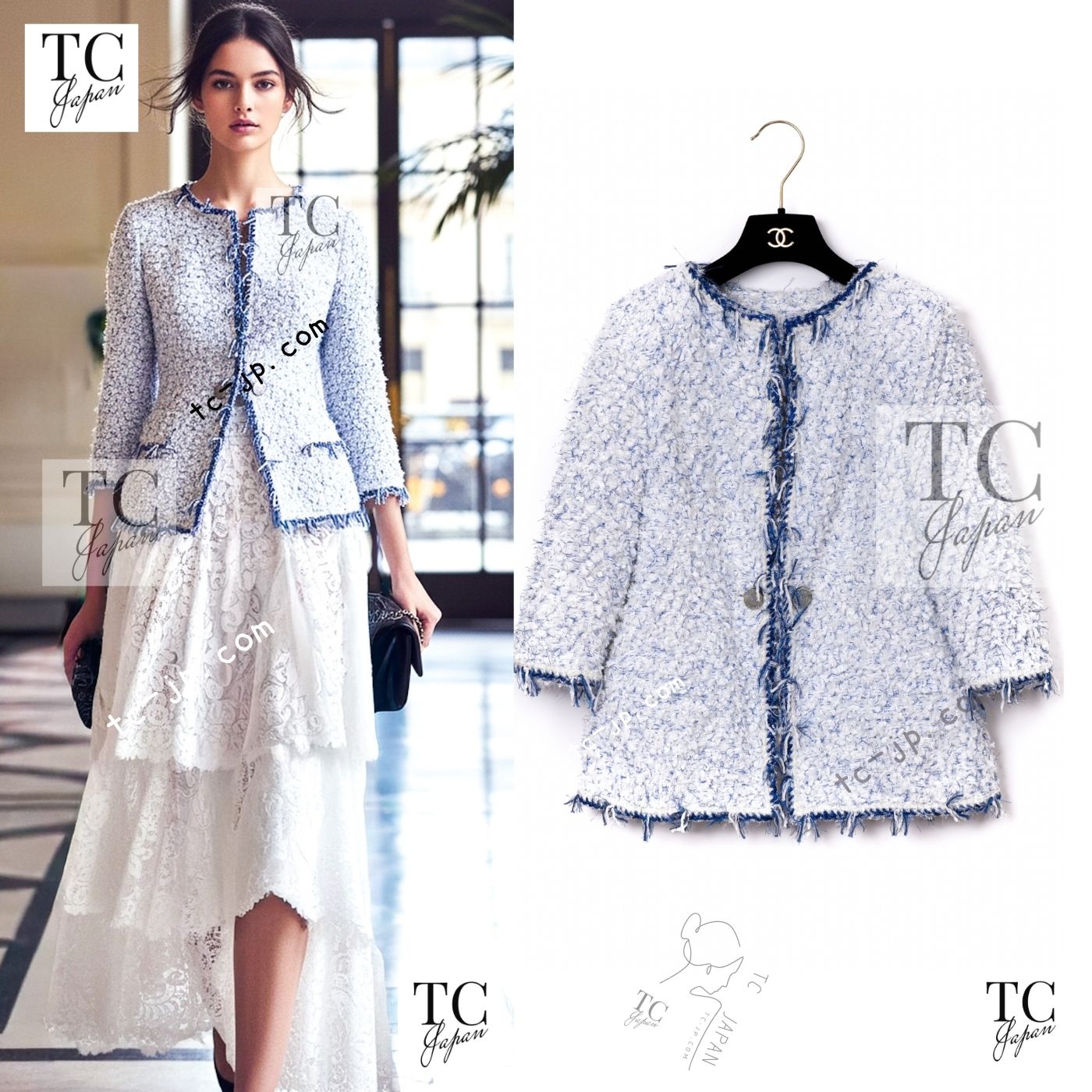 CHANEL 18S White Blue Meatalic Collarless Tweed Jacket 34 36 シャネル ホワイト ブルー ラメ ノーカラー ツイード ジャケット 即発