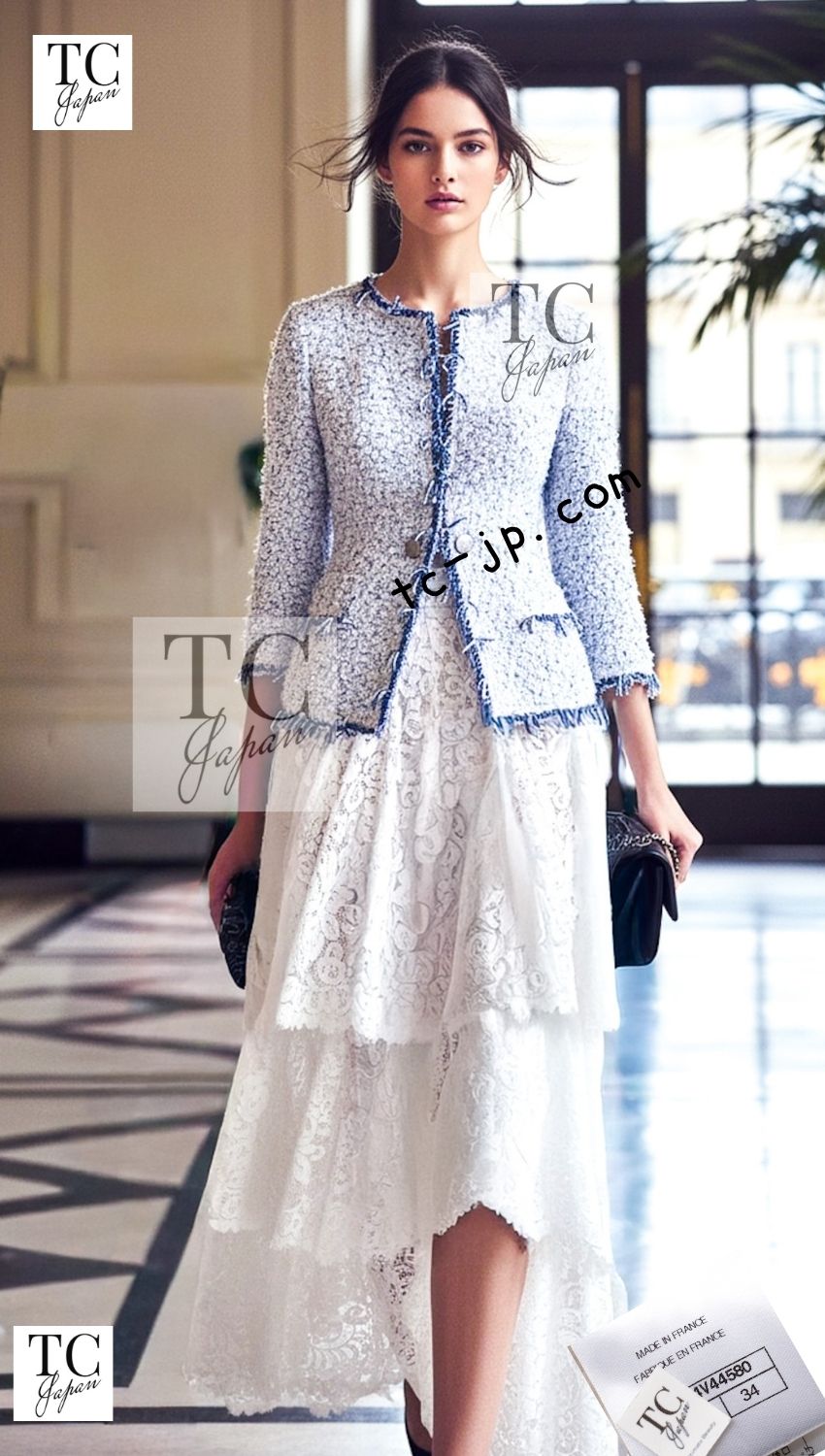 CHANEL 18S White Blue Meatalic Collarless Tweed Jacket 34 36 シャネル ホワイト ブルー ラメ ノーカラー ツイード ジャケット 即発