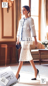 CHANEL 18S White Blue Meatalic Collarless Tweed Jacket 34 36 シャネル ホワイト ブルー ラメ ノーカラー ツイード ジャケット 即発