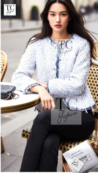 CHANEL 18S White Blue Meatalic Collarless Tweed Jacket 34 36 シャネル ホワイト ブルー ラメ ノーカラー ツイード ジャケット 即発