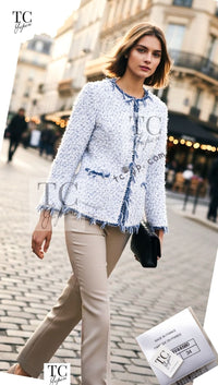 CHANEL 18S White Blue Meatalic Collarless Tweed Jacket 34 36 シャネル ホワイト ブルー ラメ ノーカラー ツイード ジャケット 即発