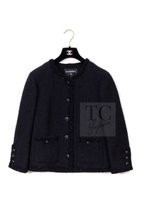 CHANEL 25S Black Cotton Collarless Tweed Jacket 40 シャネル ブラック コットン ノーカラー ツイード ジャケット カメリアボタン 即発