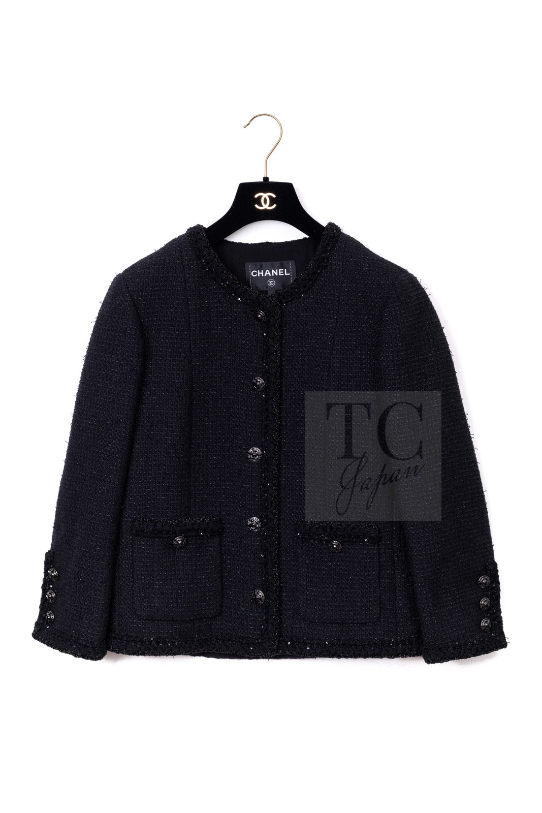 CHANEL 25S Black Cotton Collarless Tweed Jacket 40 シャネル ブラック コットン ノーカラー ツイード ジャケット カメリアボタン 即発