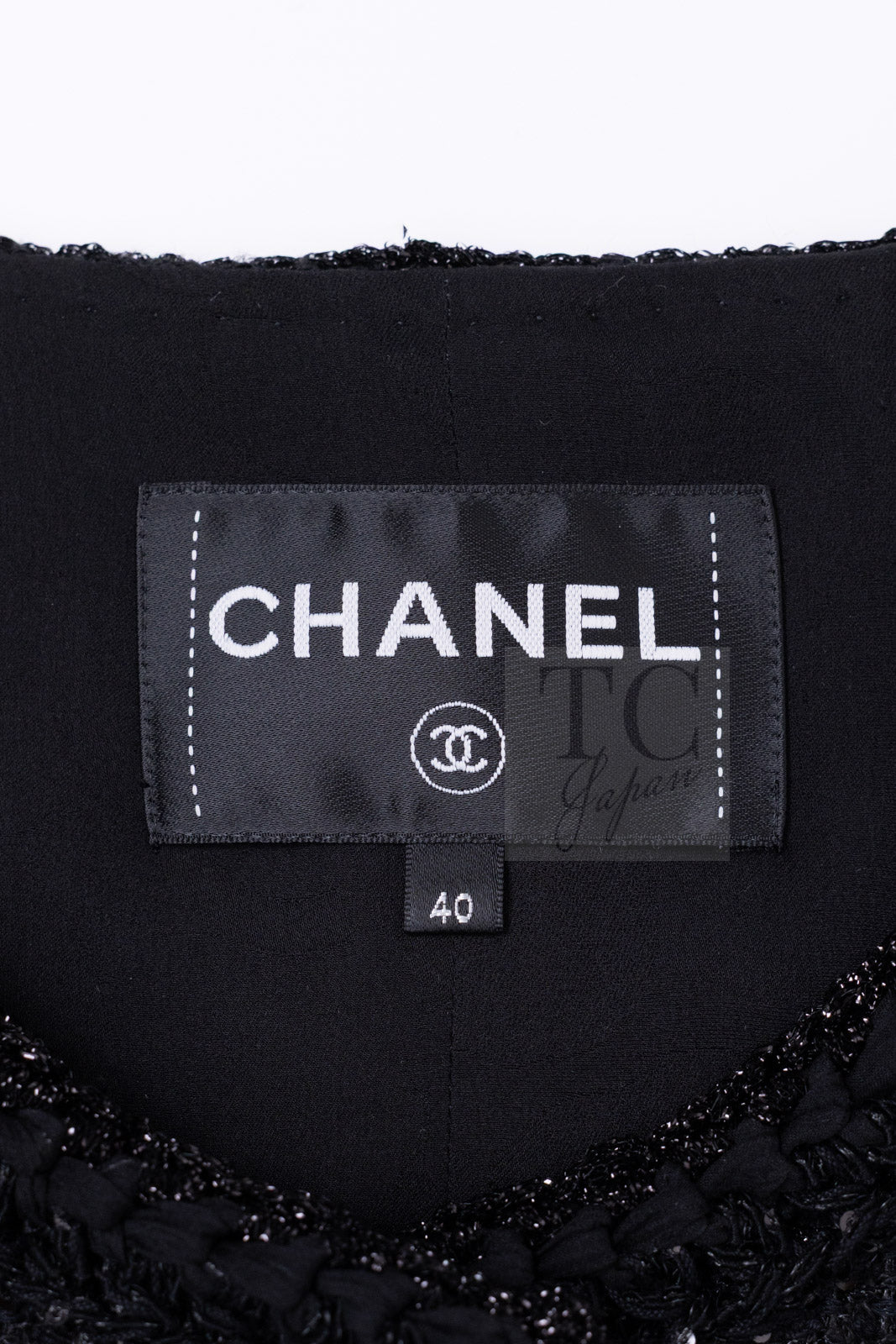 シャネル ジャケット CHANEL 25S ブラック コットン 襟なし ツイード