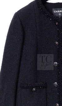 CHANEL 25S Black Cotton Collarless Tweed Jacket 40 シャネル ブラック コットン ノーカラー ツイード ジャケット カメリアボタン 即発