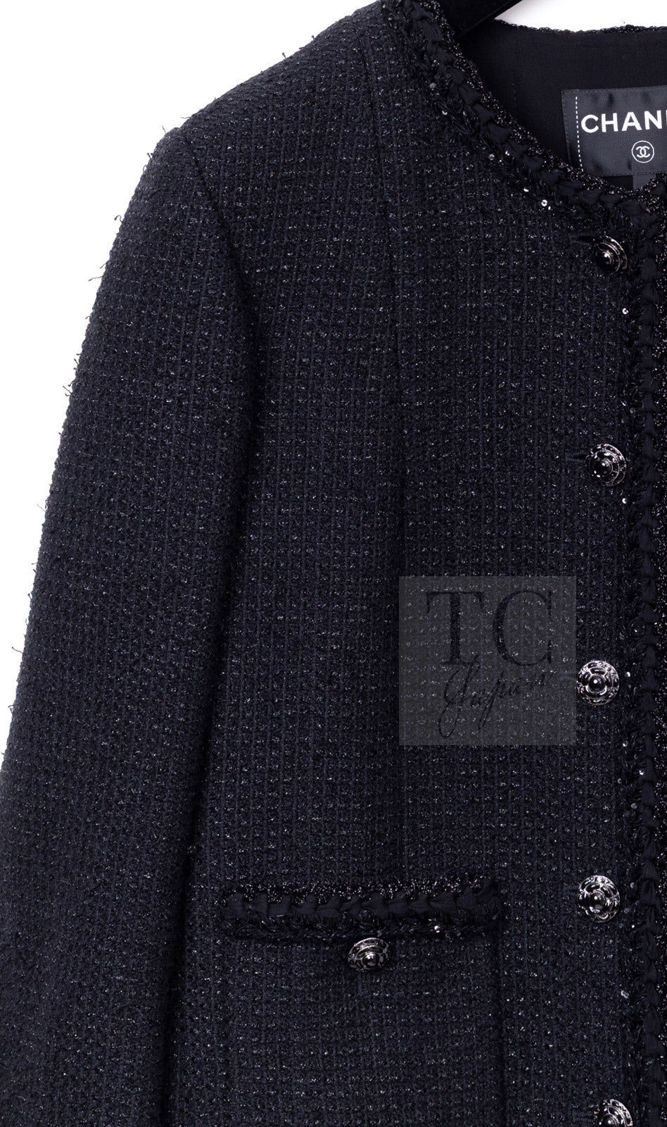CHANEL 25S Black Cotton Collarless Tweed Jacket 40 シャネル ブラック コットン ノーカラー ツイード ジャケット カメリアボタン 即発