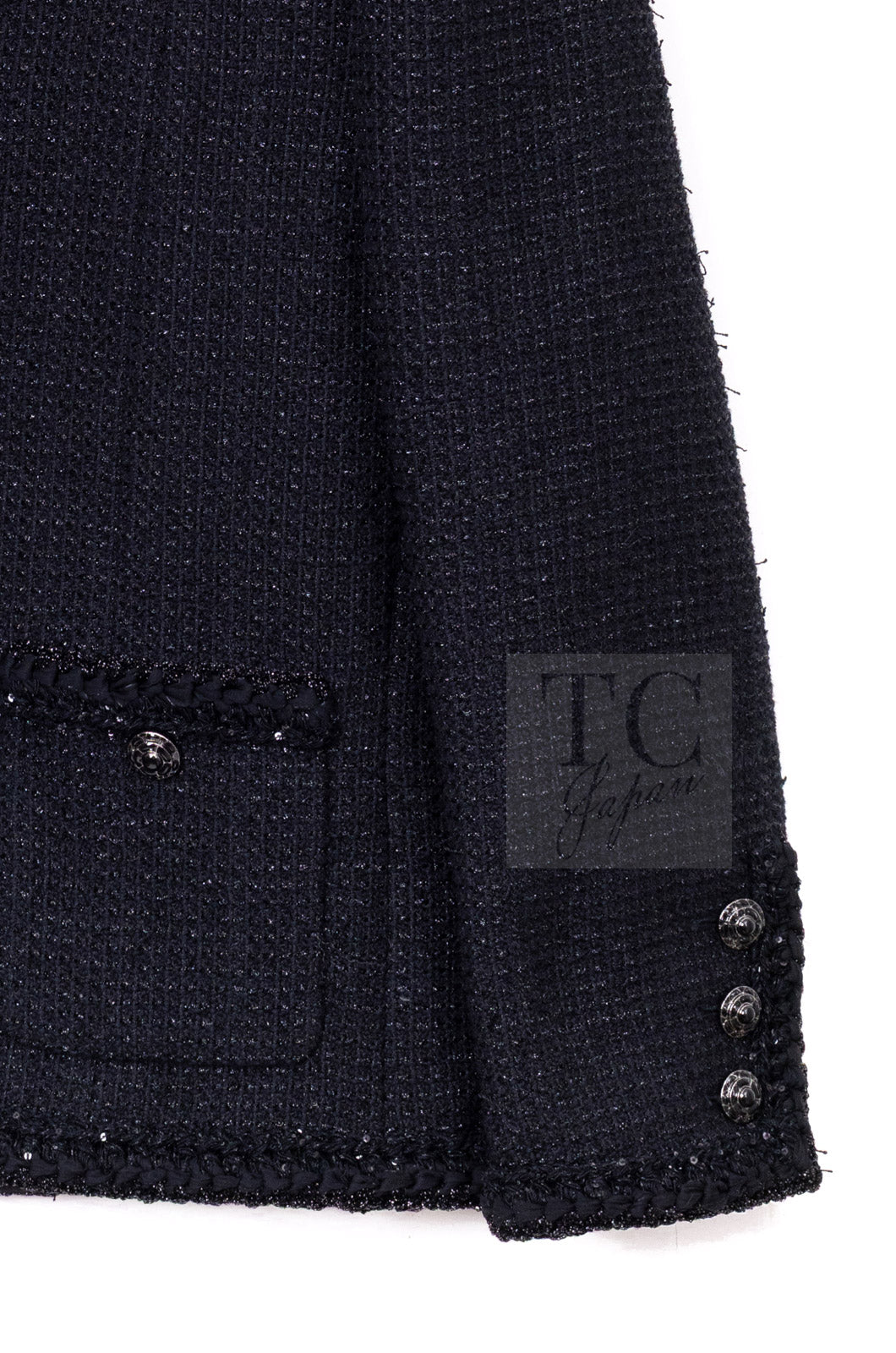 CHANEL 25S Black Cotton Collarless Tweed Jacket 40 シャネル ブラック コットン ノーカラー ツイード ジャケット カメリアボタン 即発
