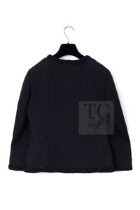 CHANEL 25S Black Cotton Collarless Tweed Jacket 40 シャネル ブラック コットン ノーカラー ツイード ジャケット カメリアボタン 即発
