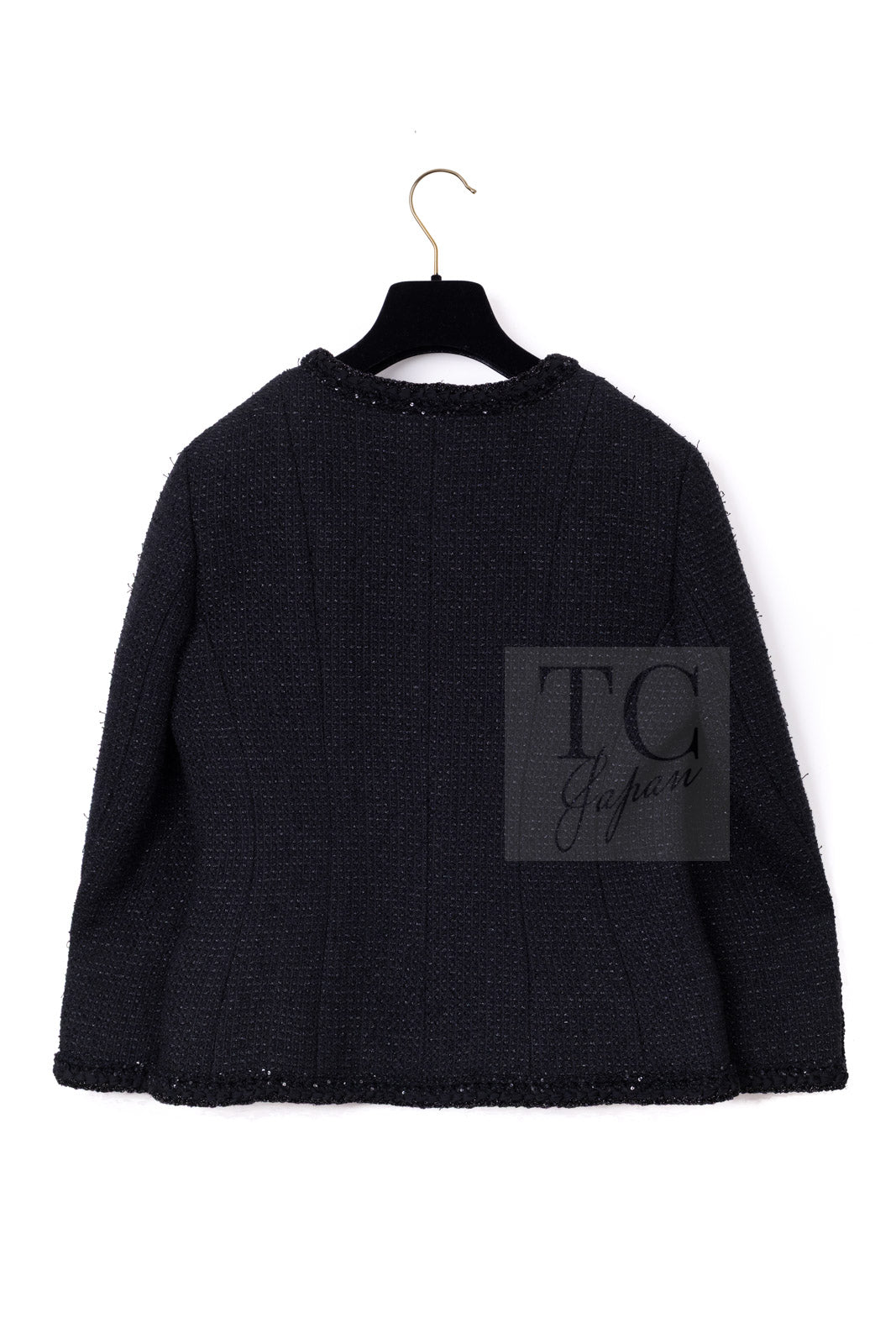 CHANEL 25S Black Cotton Collarless Tweed Jacket 40 シャネル ブラック コットン ノーカラー ツイード ジャケット カメリアボタン 即発