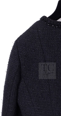 CHANEL 25S Black Cotton Collarless Tweed Jacket 40 シャネル ブラック コットン ノーカラー ツイード ジャケット カメリアボタン 即発