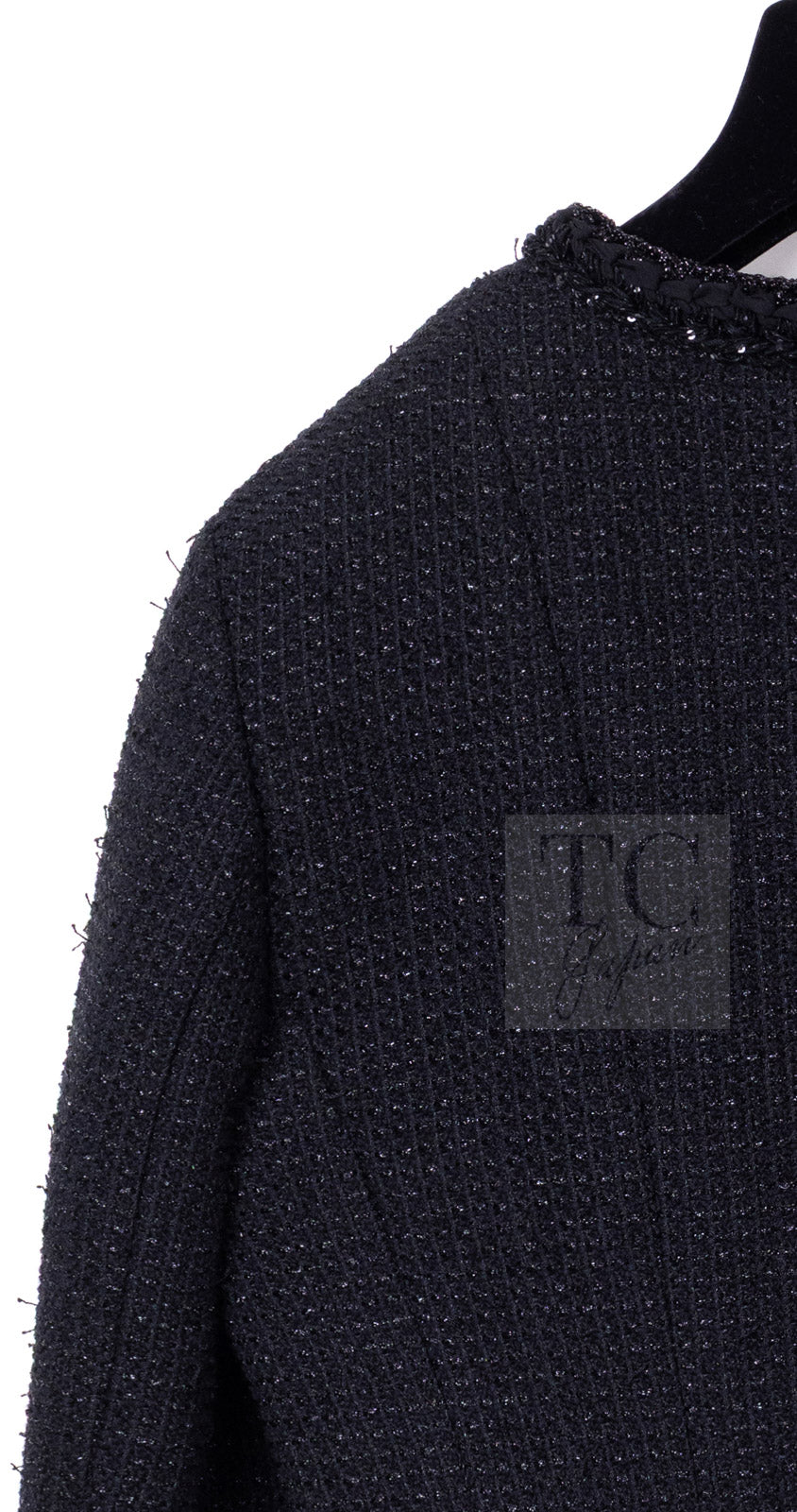 CHANEL 25S Black Cotton Collarless Tweed Jacket 40 シャネル ブラック コットン ノーカラー ツイード ジャケット カメリアボタン 即発