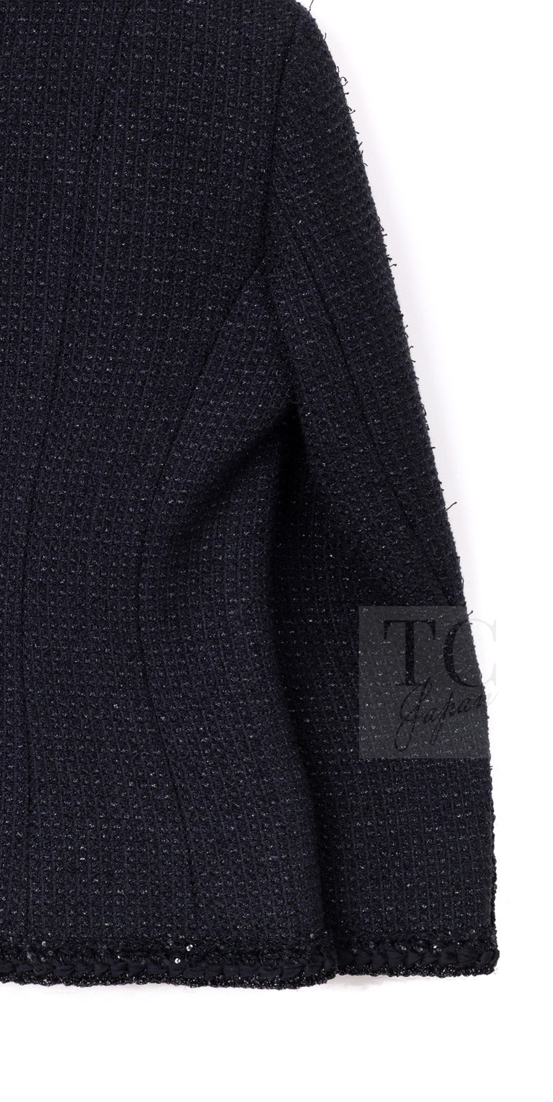 CHANEL 25S Black Cotton Collarless Tweed Jacket 40 シャネル ブラック コットン ノーカラー ツイード ジャケット カメリアボタン 即発