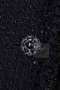 CHANEL 25S Black Cotton Collarless Tweed Jacket 40 シャネル ブラック コットン ノーカラー ツイード ジャケット カメリアボタン 即発