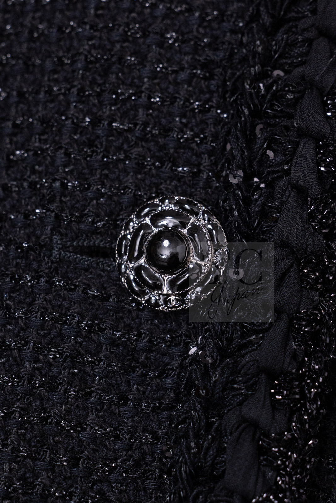 CHANEL 25S Black Cotton Collarless Tweed Jacket 40 シャネル ブラック コットン ノーカラー ツイード ジャケット カメリアボタン 即発