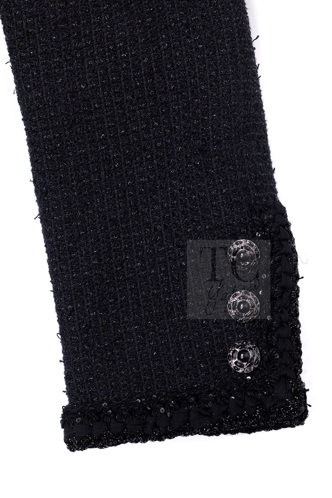 CHANEL 25S Black Cotton Collarless Tweed Jacket 40 シャネル ブラック コットン ノーカラー ツイード ジャケット カメリアボタン 即発