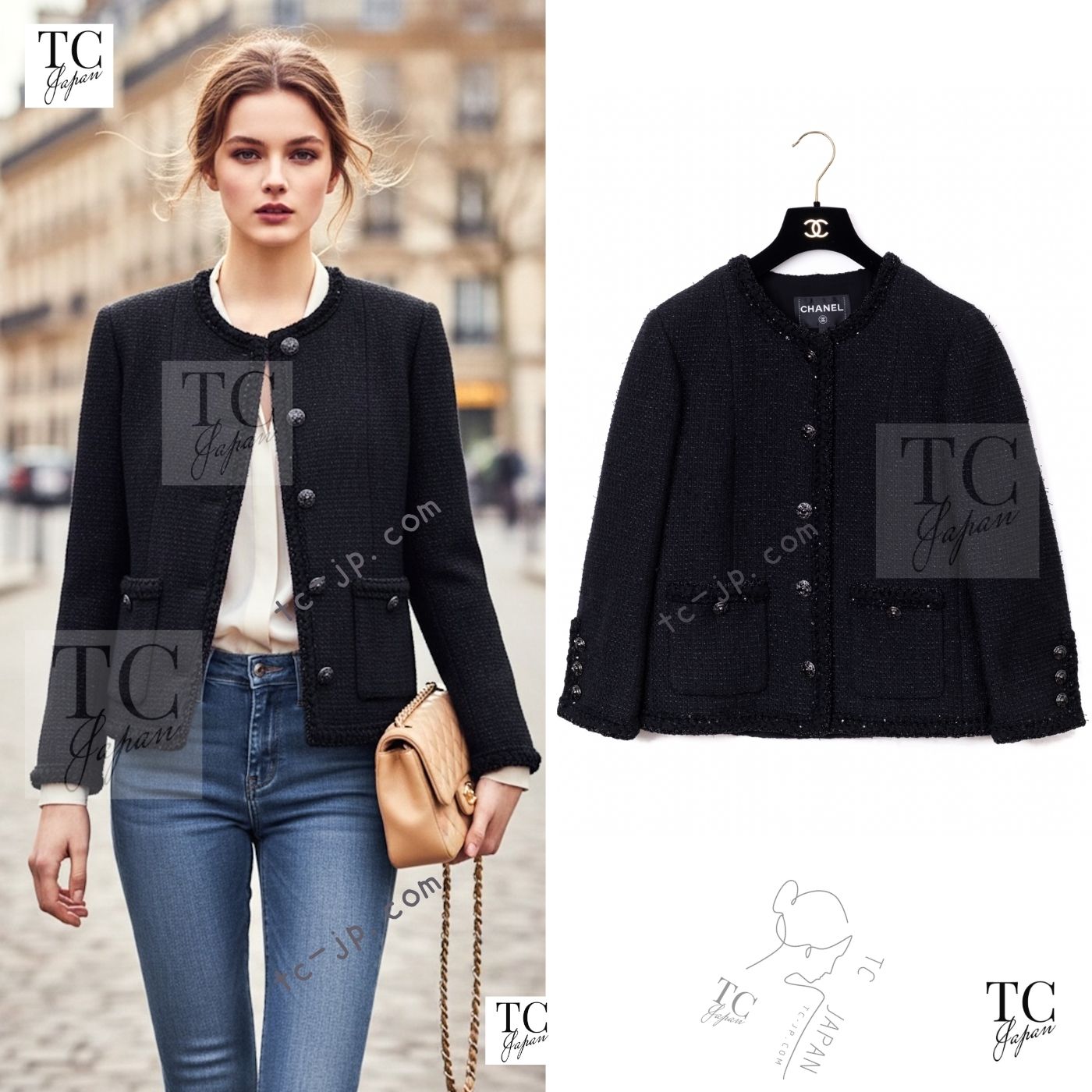 CHANEL 25S Black Cotton Collarless Tweed Jacket 40 シャネル ブラック コットン ノーカラー ツイード ジャケット カメリアボタン 即発