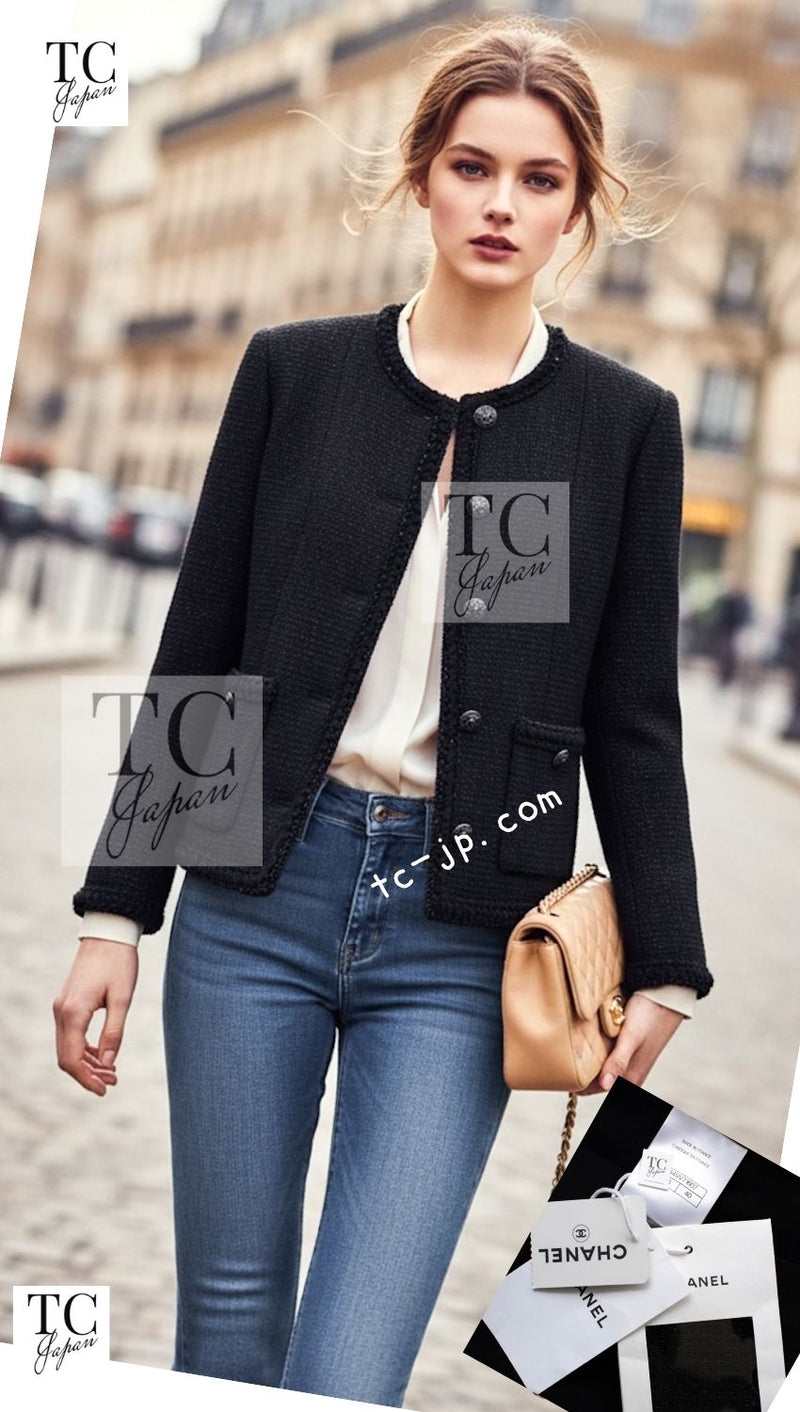 CHANEL 25S Black Cotton Collarless Tweed Jacket 40 シャネル ブラック コットン ノーカラー ツイード ジャケット カメリアボタン 即発